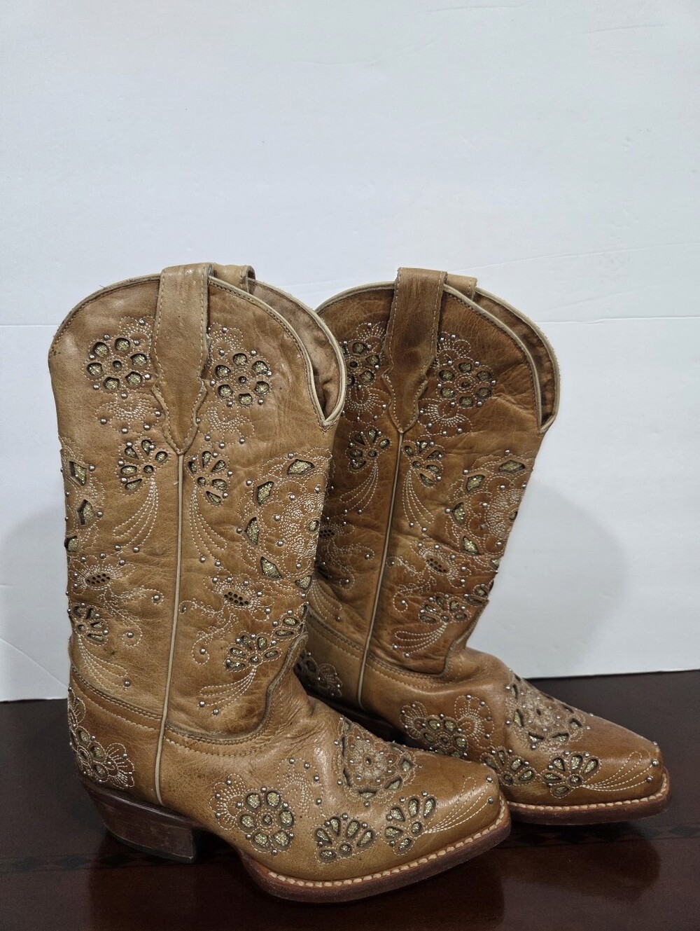 Embellished Brown Leather Cowboy Boots Gurls Sz.22(5US)